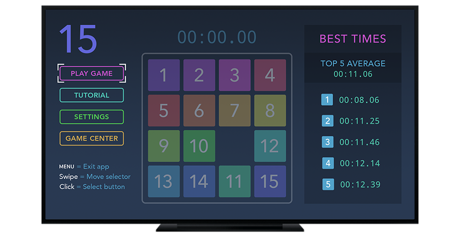 Fifteen puzzle app apple tvOS menu