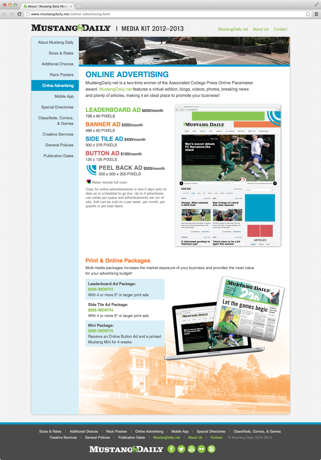 Mustang Daily Media Kit online advertising page
